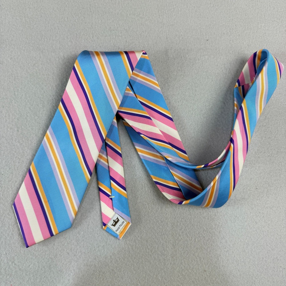 Peter Millar Mens Silk Tie Blue Pink Orange Striped Hand Folded Necktie